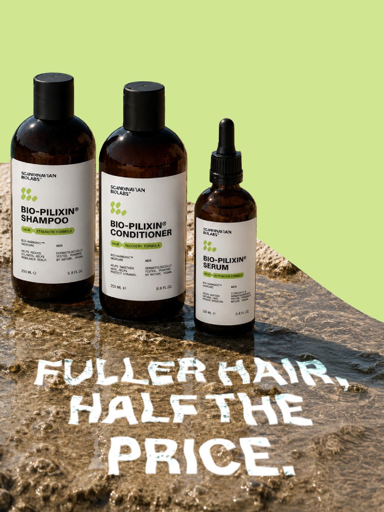 Fuller hair, half the price. Bio-Pilixin shampoo, conditioner and serum on a wet rock by the sea.